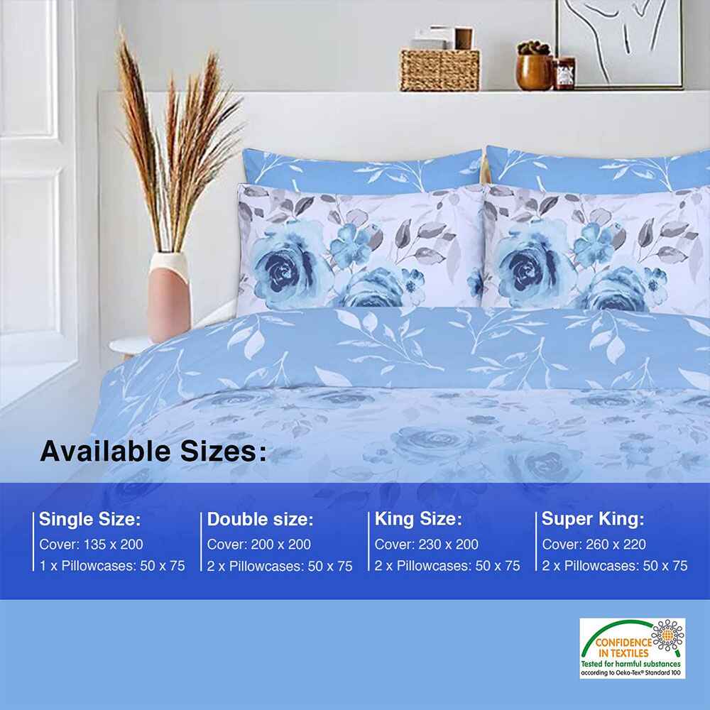 Blue Roses Print – 100% Cotton King Size Duvet Cover Set 6