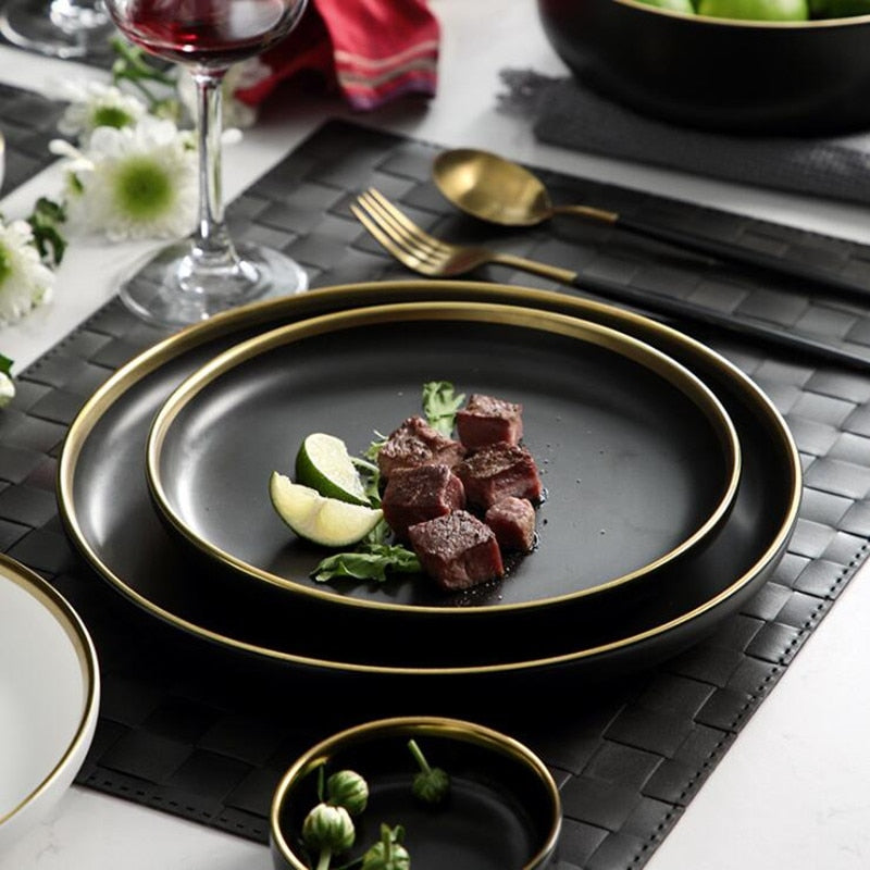 Osiris – Dark Fine Porcelain Dining Set With Gilded Edges 1
